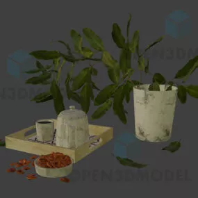 Small Plant In Ceramic With Tea Pot On Tray 3d model