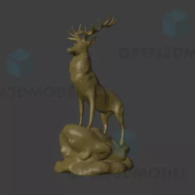 Statue Of Deer, Deer With Horn On Rock Sculpture 3d model