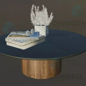 Round Coffee Table, Black Marble Top, With Books Vase 3d model