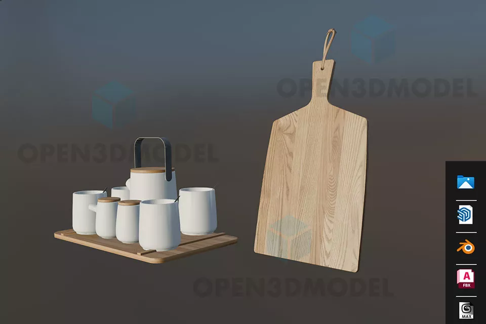 Wooden Cutting Board, Set Of Cups, Tea Pot 3d model Wooden Cutting Board, Set Of Cups, Tea Pot 3d model
