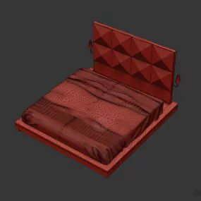 Wooden Bed With Mattress, Wooden Polygon Back 3d model