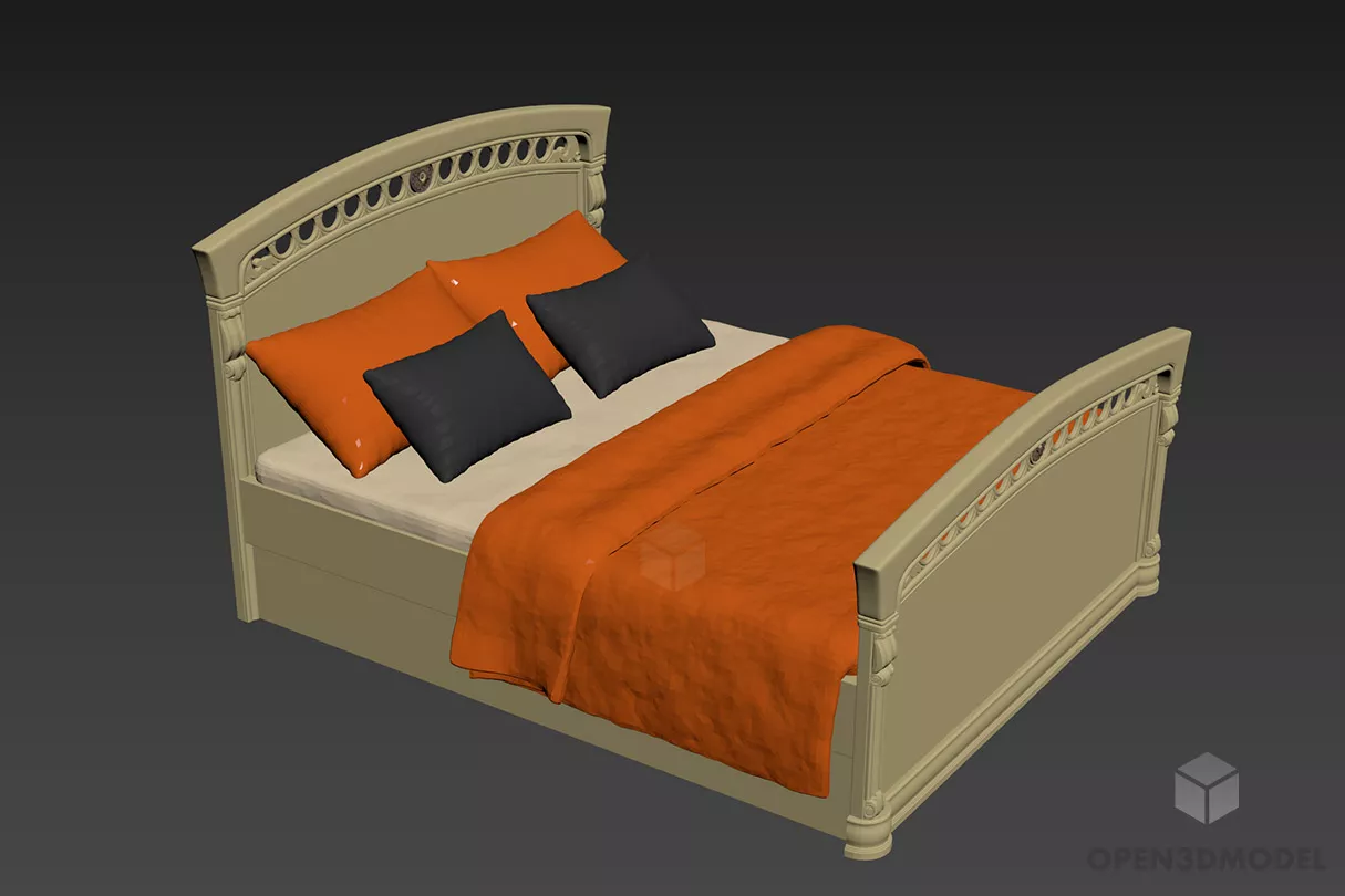 Walnut Bed With Mattress, Pillows 3d model Walnut Bed With Mattress, Pillows 3d model