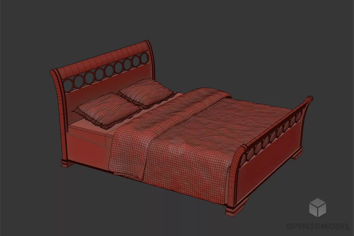 Antique Carved Back Bed With Mattress 3d model
