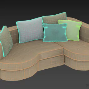Curved Brown Leather Sofa With Cushion Set 3d model
