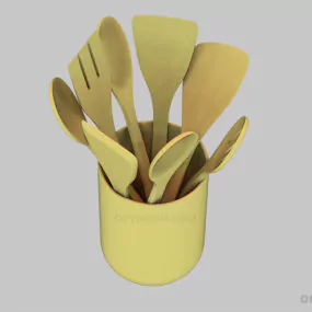 Kitchen Spoons In Wooden Vase 3d model