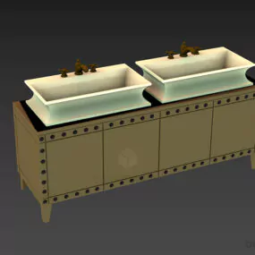 Dual Wash Basin With Wooden Shelf Under 3d model