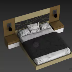 Double Bed, Mattress, Pillow With Wooden Panel Back 3d model