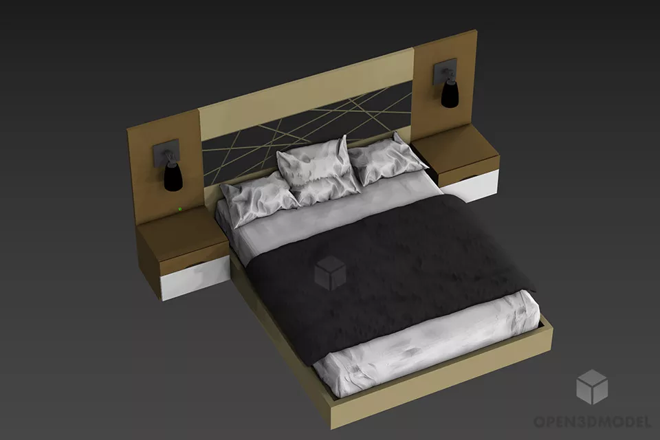 Upholstered Double Bed With Back Panel 3d model
