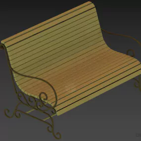 Antique Steel Wood Bench, Curved Iron Leg 3d model