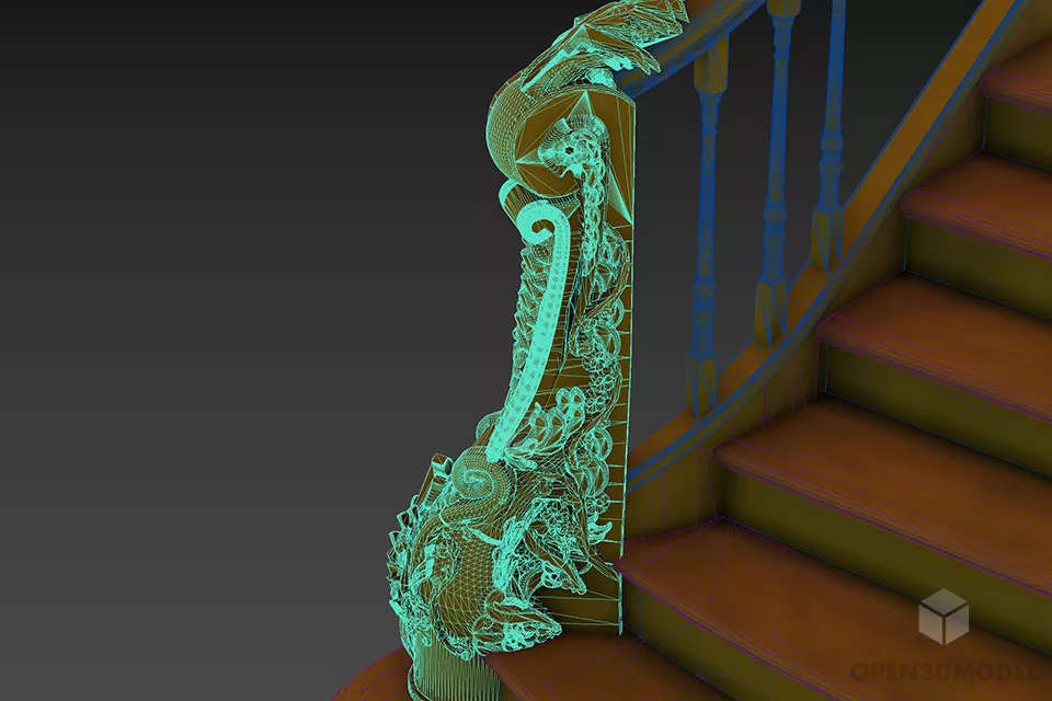 Classic Hotel Wooden Stair With Carved Pillar 3d model 2