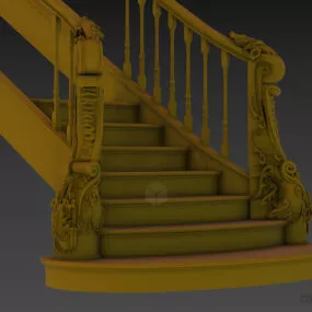 Classic Hotel Wooden Stair With Carved Pillar 3d model