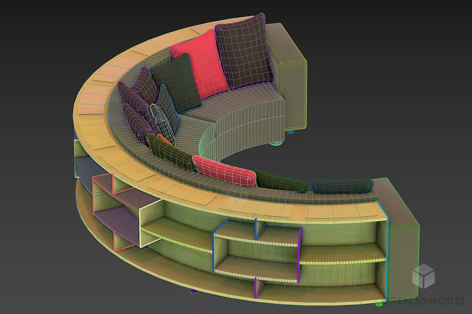 Sofa Circular Shape, Back Shelf 3d model 2