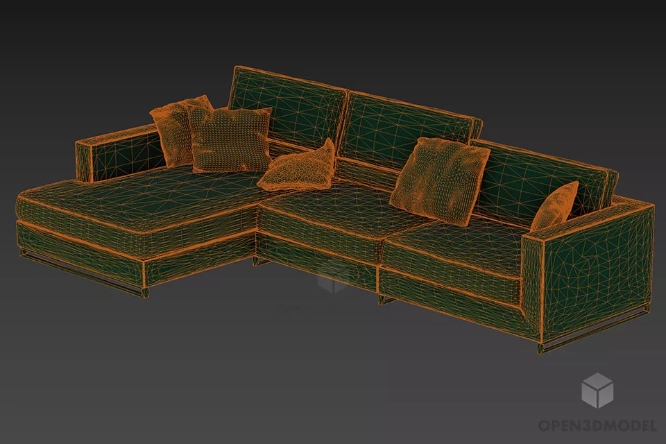 Sectional Sofa Three Seats With Cushions 3d model 2