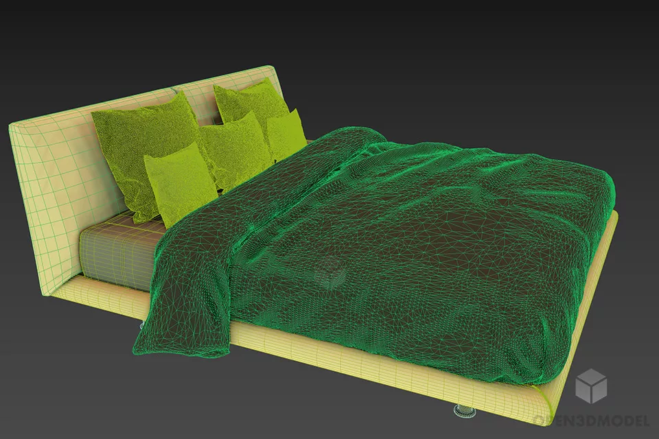 Bedroom Double Bed With White Floral Mattress 3d model 2