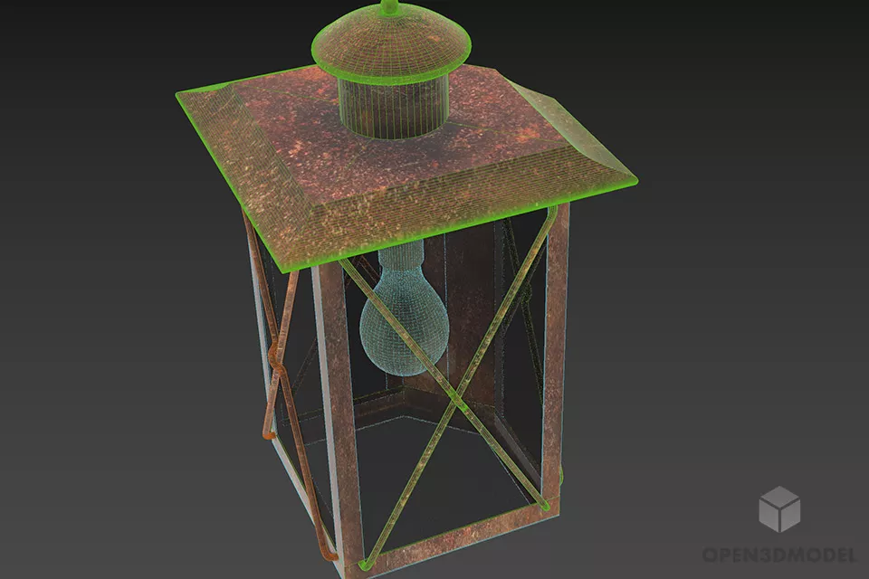 Lantern Lamp With Bulb, Iron Glass Lamp 3d model 2