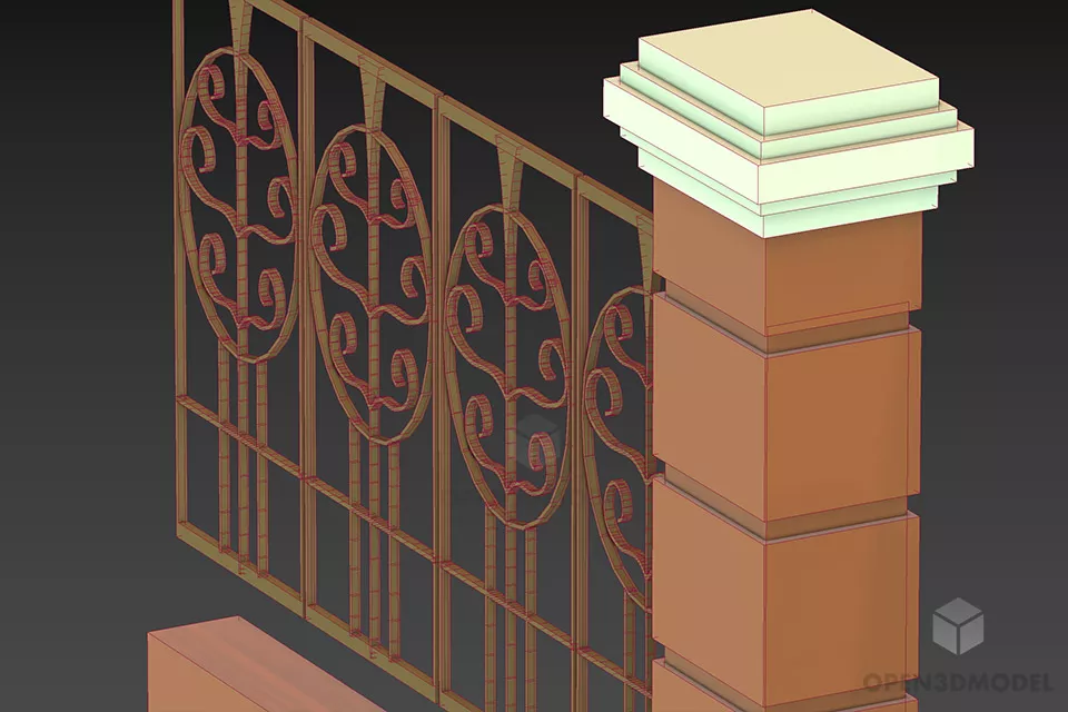 Iron Fence With Stone Column 3d model 2