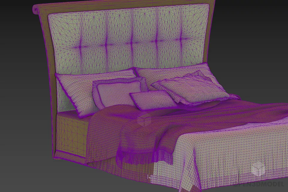 Purple Bed With Pillows And Pink Mattress 3d model 2