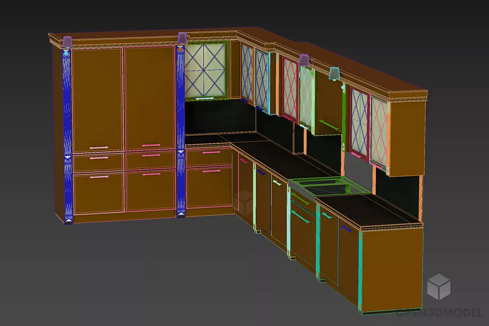 White Wooden Kitchen L Shape With Hood, Stove 3d model 2