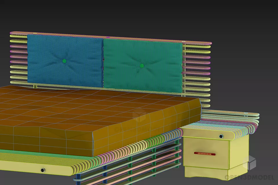 Bed Wooden Frame With Grey Mattress 3d model 2