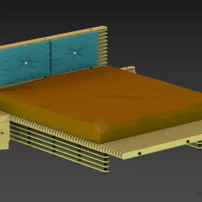 Bed Wooden Frame With Grey Mattress 3d model