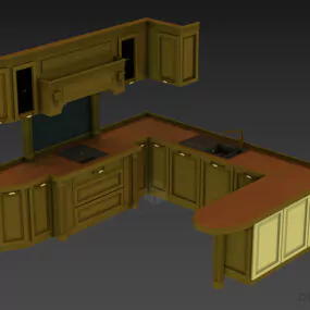 Ash Wooden Kitchen Cabinet U Shape 3d model