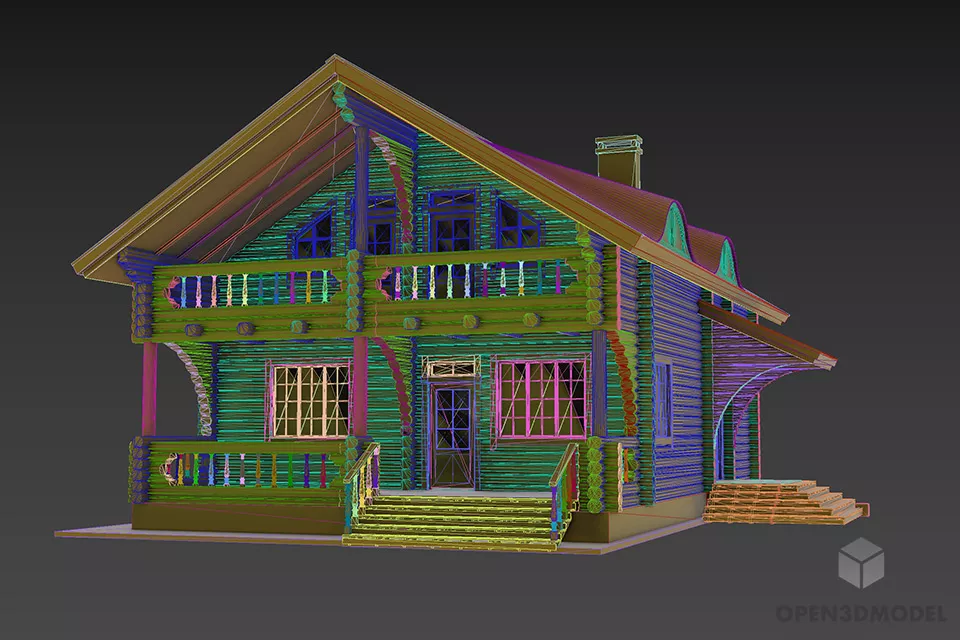 Wooden House With Two Chimney 3d model 2