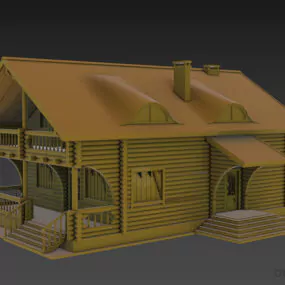 Wooden House With Two Chimney 3d model