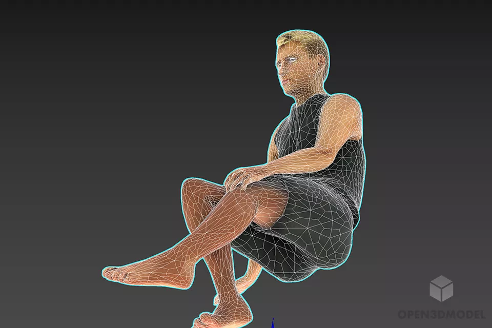 Black Shirt Man Sitting Pose 3d model 2