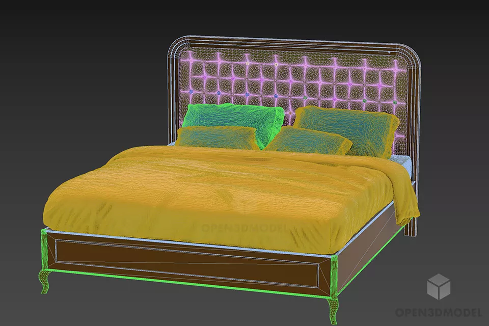 Wood Bed With Tufted Back Upholstered 3d model 2