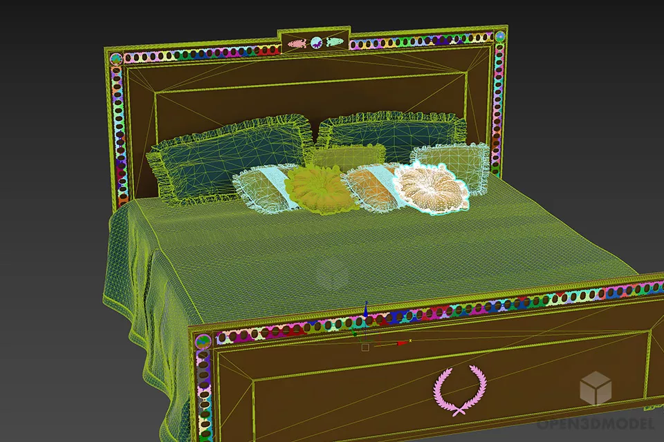 Vintage Bed With Floral Texture On Blanket, Pillows 3d model 2