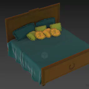 Vintage Bed With Floral Texture On Blanket, Pillows 3d model