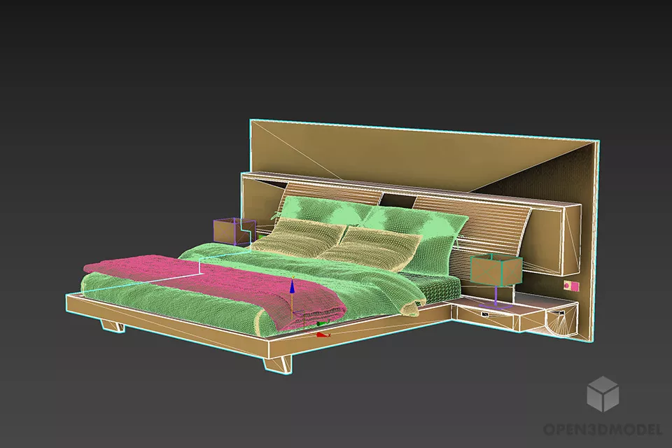 Ash Wood Hotel Bed With Accessories 3d model 2