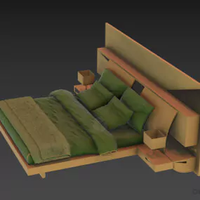 Ash Wood Hotel Bed With Accessories 3d model