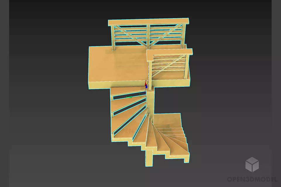 Vintage Wooden Staircase, First Step Box Stair 3d model 2