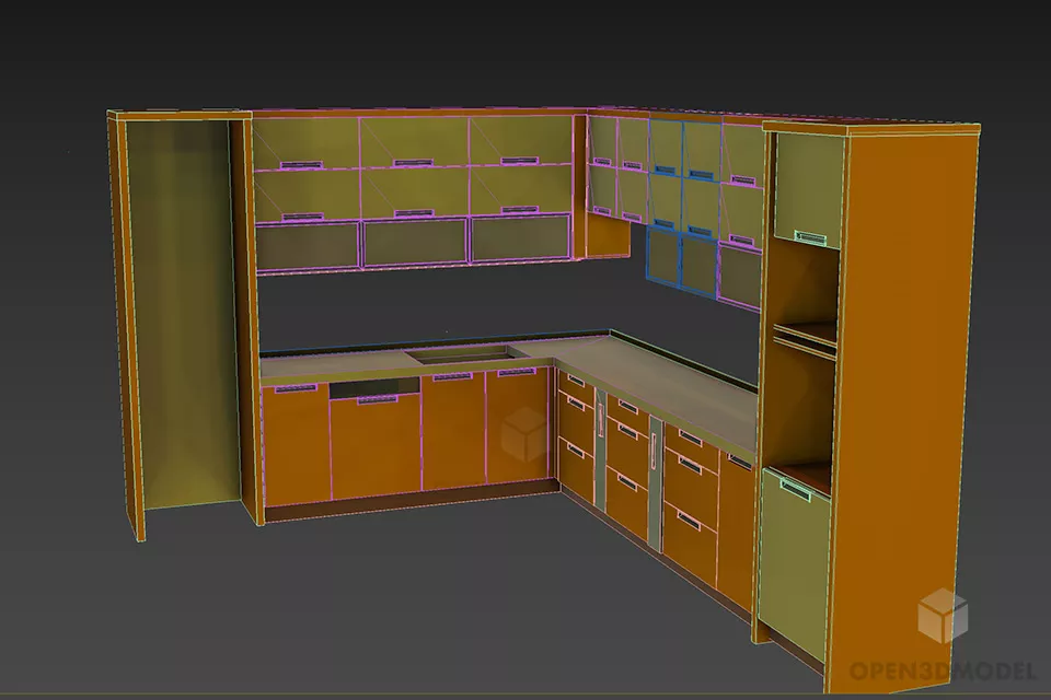 Wood Kitchen Cabinet L Shape 3d model 2
