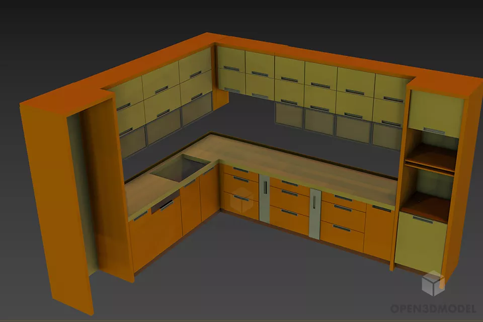 Kitchen Cabinet With Hood, Brown Wooden Material 3d model