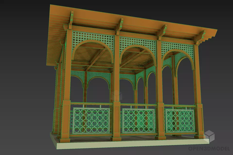 Antique Wood Pavilion Building With Rails 3d model 2