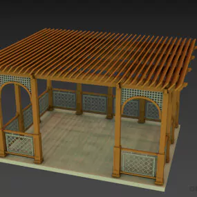 Antique Wood Pavilion Building With Rails 3d model