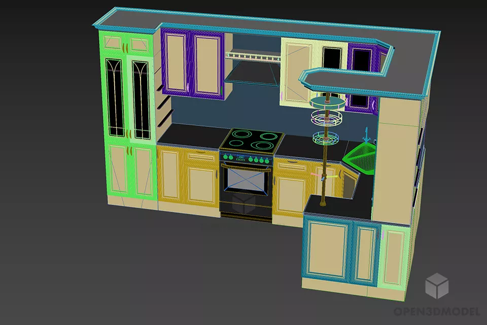 Ash Wood Kitchen Cabinet With Oven And Hood 3d model 2