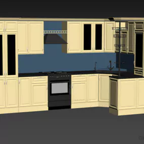Ash Wood Kitchen Cabinet With Oven And Hood 3d model