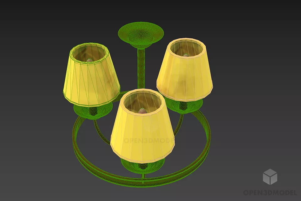 Brass Antique Pendant Lamp With Three Shade 3d model 2