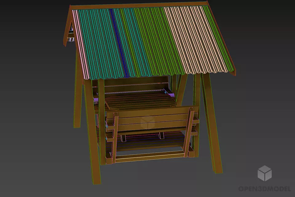 Small Roof Pavilion Building With Bench 3d model 2