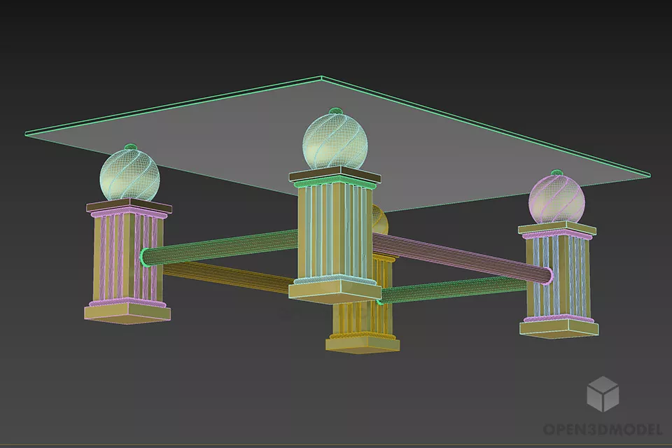 Rectangle Glass Table With Four Spheres Stand 3d model 2
