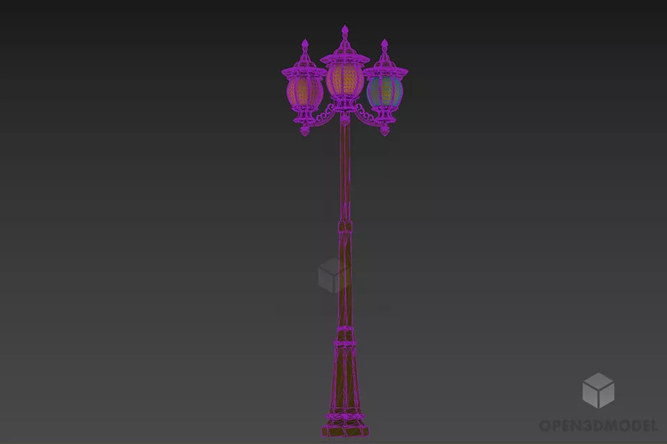 Wrought Iron Lamppost Three Bulbs 3d model 2