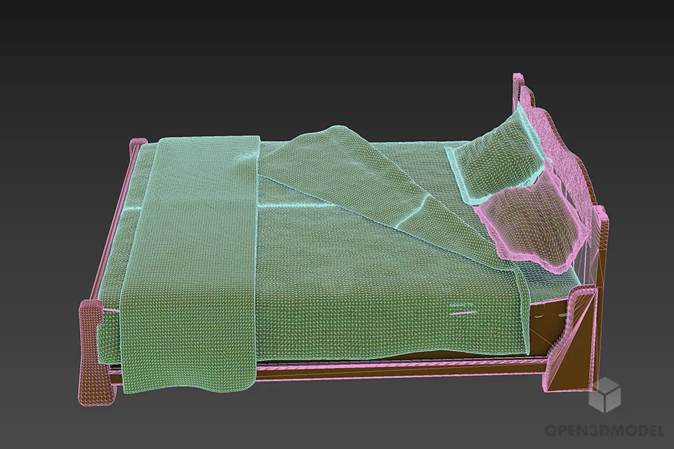 Antique Ash Wood Bed With Textile Blanket 3d model 2