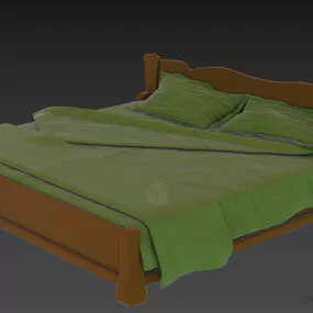 Antique Ash Wood Bed With Textile Blanket 3d model