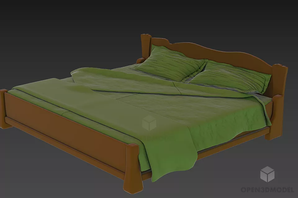 Simple Walnut Bed With Thin Mattress 3d model