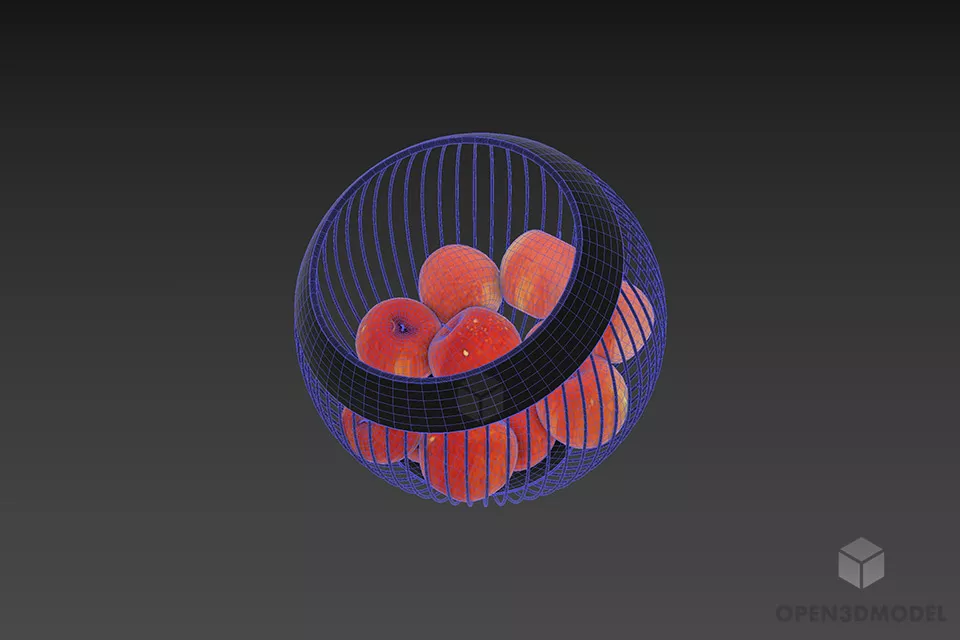 Sphere Steel Basket With Apples Fruit 3d model 2