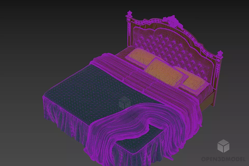 Antique Carved Back Bed With Mattress 3d model 2