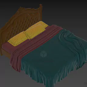 Antique Carved Back Bed With Mattress 3d model